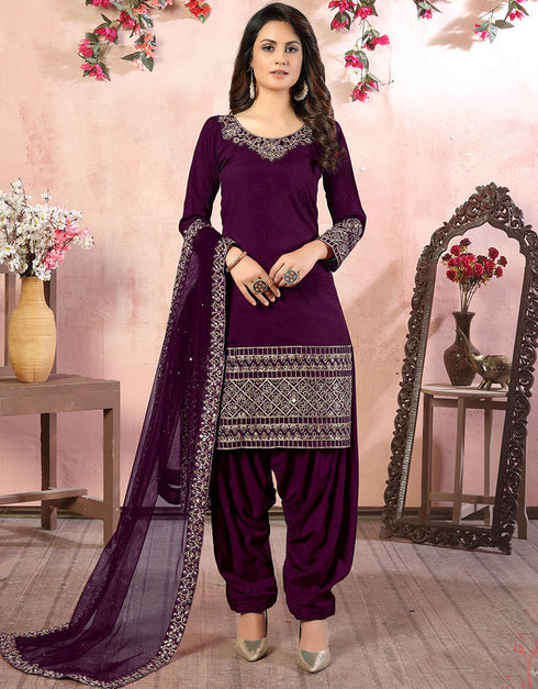 Traditional Function Wear Suit Collection Purple Art Silk Patiyala Straight Front View